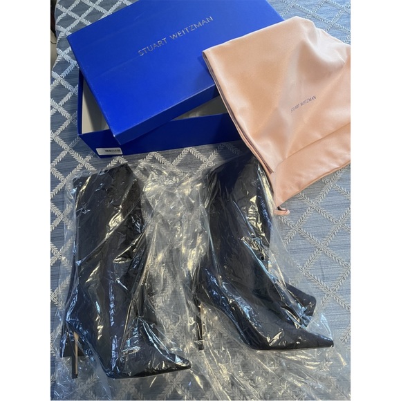 👠 👢 STUART WEITZMAN BLACK STRETCH SATIN HIGH BOOT NEW WITH BOX SIZE 8 - Picture 13 of 16